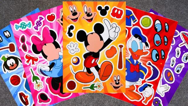 DISNEY MICKEY MOUSE & Friends Sticker book with Minnie, Donald Duck, Goofy Make a Face | ASMR DIY