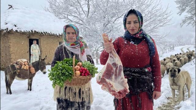 A Snowy Day in the Village | Cooking Ghormeh Sabzi with Lamb Leg & Herbs