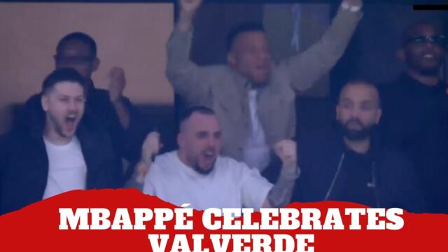 Kylian Mbappé reacts in the stands as Federico Valverde scores hat trick against Manchester City