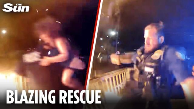 Heroic cop storms into burning home to rescue family of three