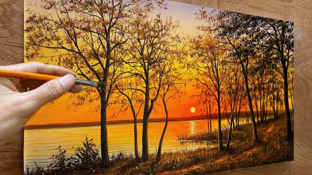 Draw a sunset scene / Acrylic landscape painting / Art paintings / A Lu Art.