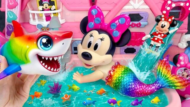 Minnie Mouse 2026🎀 Set Unboxing rainbow mermaid bath y piscina sorpresa con tiburón arcoíris ASMR