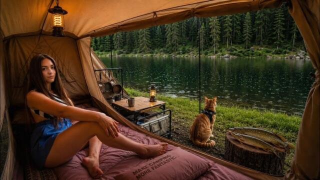 SOLO Camping in HEAVY RAIN at Remote Lake | Catch & Cook Pike and Forest Mushrooms | Wild ASMR
