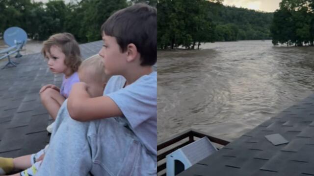 Family Trapped On Roof During Flood