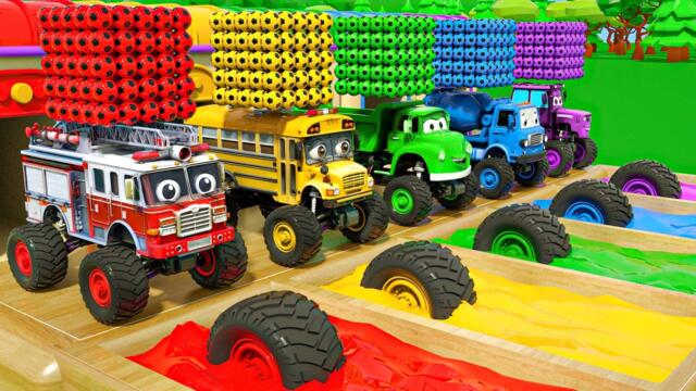 Baby Shark + Wheels On the Bus in Spanish - cars with big wheels jump off a slide - Nursery Rhymes