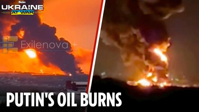 Three Russian oil depots ablaze and thick black smoke fills the sky after Ukrainian attacks