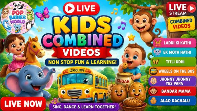 🔴 LIVE | Non Stop Kids Rhymes|Ek Mota Hathi |Twinkle |Wheels on the Bus |Chanda Mama|PopBabiesWorld