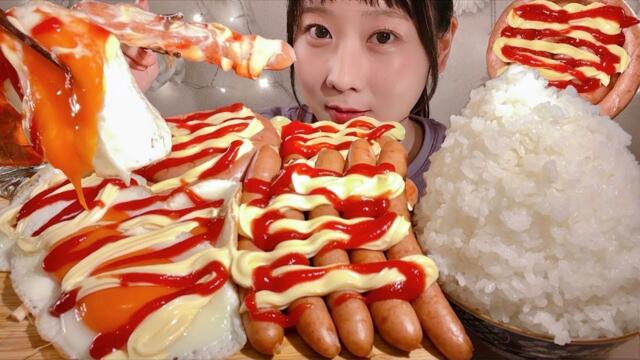 ASMR Sausages Fried Eggs Kimchi Yam【Mukbang/ Eating Sounds】【English subtitles】 