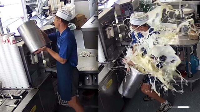 Frozen Custard Shop Worker Spills Sticky Shake Mix All Over Himself