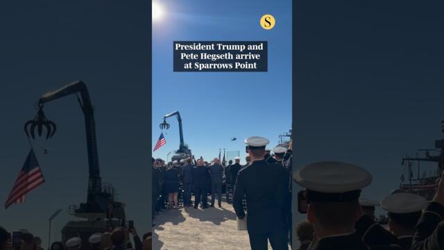 Президентът Тръмп и Пийт Хегсет пристигат на Sparrows Point