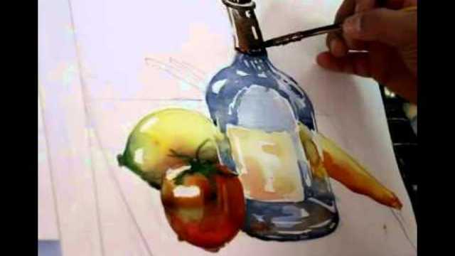 Акварел:Рисуване на стъклена бутилка