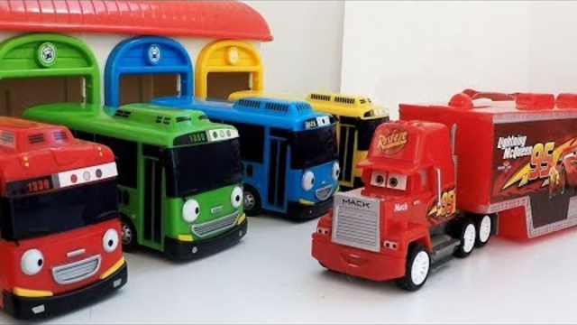 Cars 3 Mack Truck and Lightning McQueen with Tayo the Little Bus Garage Disney Pixar car toys