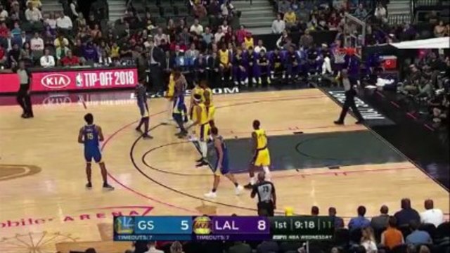 Damian Jones throws basketball at Stephen Curry face during Warriors VS Lakers Game 10-10-18