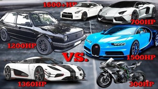 VW Golf 1200HP vs Bugatti Chiron, Koenigsegg One, Kawasaki H2R Tacho Comparison 2017